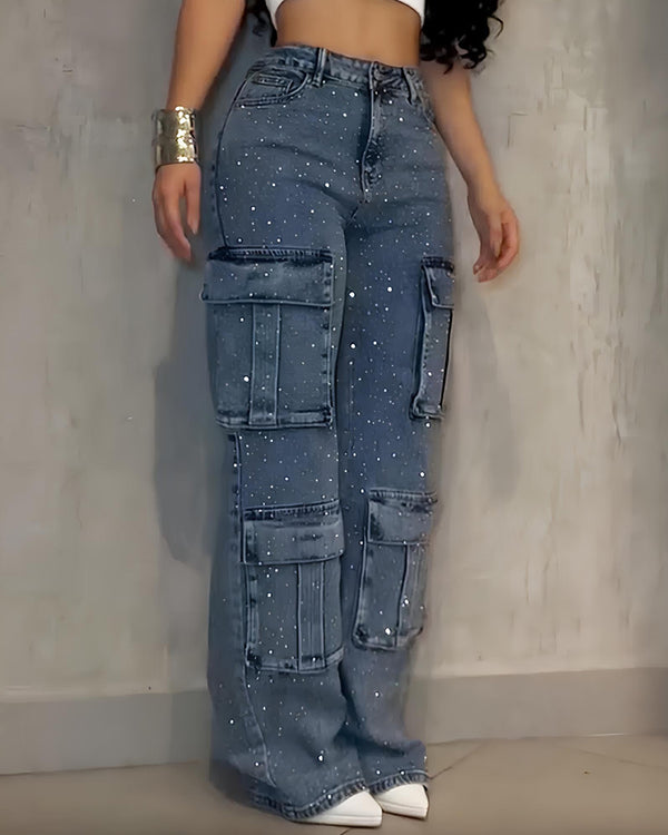 Multi-Pocket Diamond Casual Straight-Leg Jeans