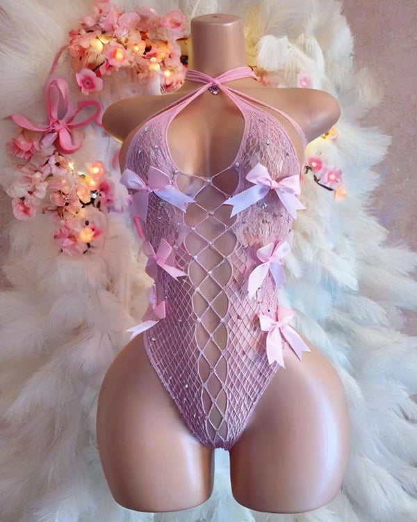 Sexy Halter Neck Openwork Mesh Bow-Decorated Bodysuit