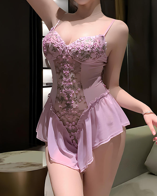 Sexy Floral Embroidered Mesh See-through Slip Dress Lingerie