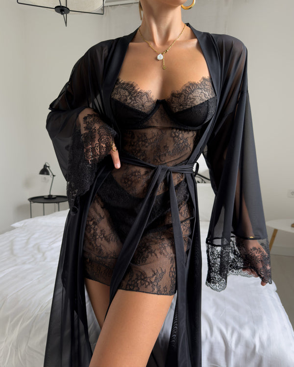 Sexy Lace Mesh See-Through Slip Dress and Long Sleeved Robe Set