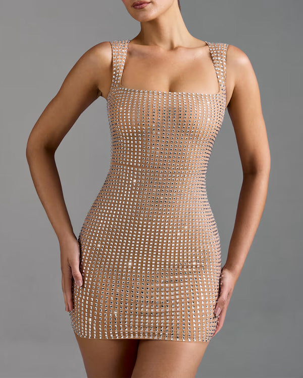 Square Neck Rhinestone Sexy Slim Stretch Dress