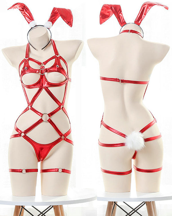 Christmas Sexy Openwork Bunny Girl Patent Leather Lingerie Set