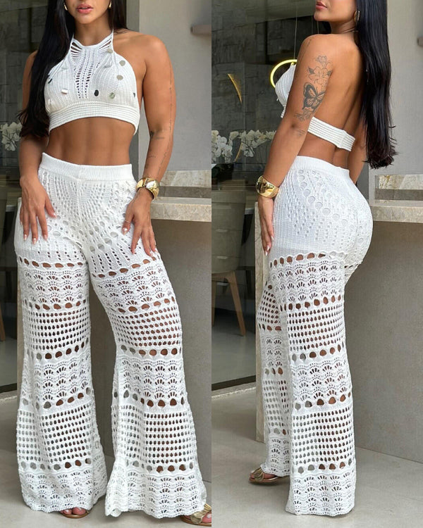 Women's Sexy Vacation Knit Hollow Halter Neck Top and Pants Set