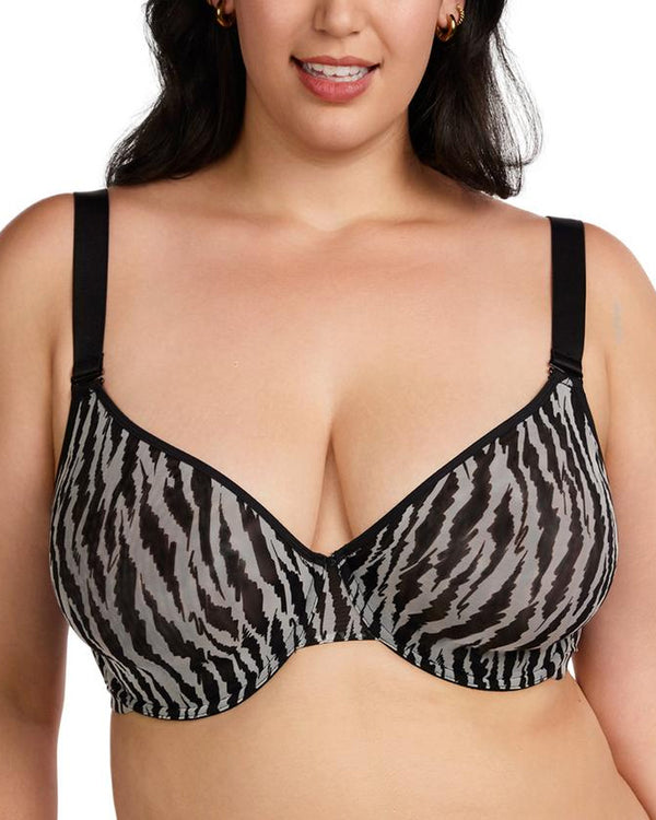Zebra Print Sheer Mesh Deep V Half Cup Adjustable Wide Strap Bra